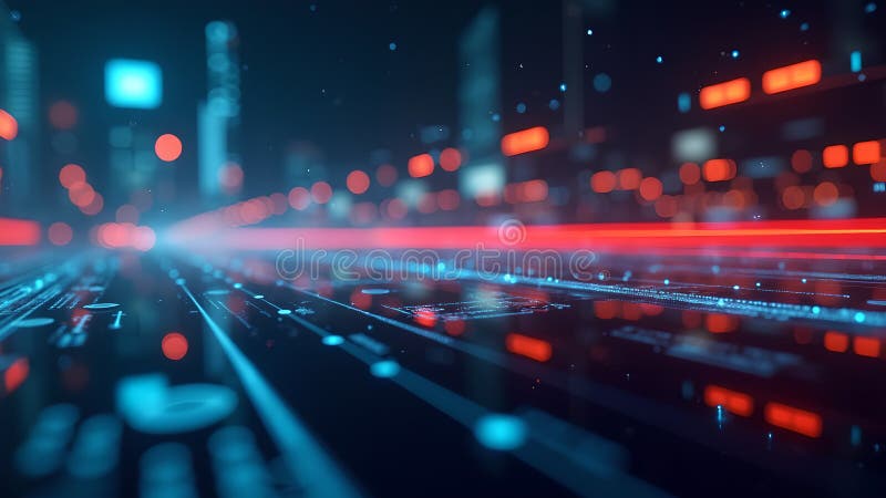 Cybernetiskt Cityscape Digital Network Interface. Abstrakt cityscape med lysande digitala element som antyder ett snabbt tekniskt nätverk. Representerar dataöverföring AI och framtida kommunikation i en virtuell stadsinställning
