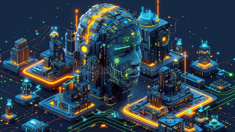 Cybernetiskt cityscape : en framtida storstad som bygger på ett mänskligt tänkande vektor illustrationer