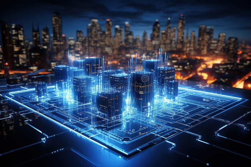 Cybernetiskt cityscape-gränssnitt med holografiska byggnader. generativ ai royaltyfri illustrationer