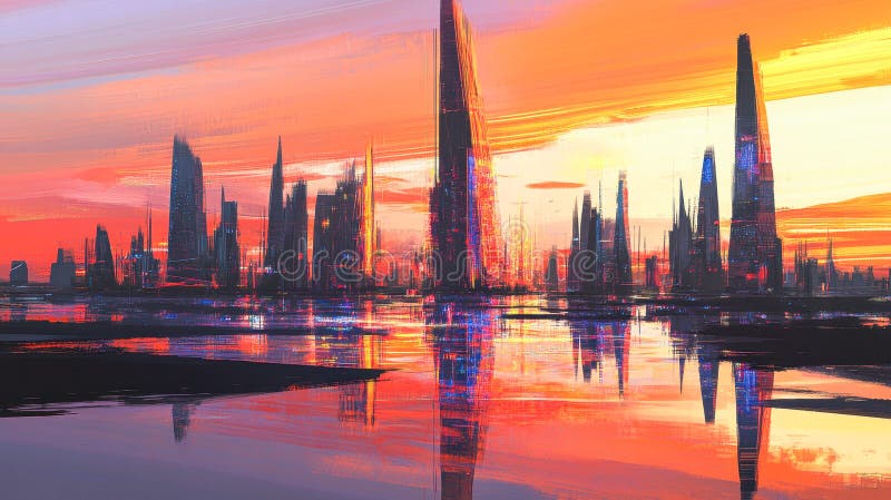 Cybernetiskt citysslande med skarpa skyskrapor och vibrerande nyreflektioner under solnedgången royaltyfri illustrationer