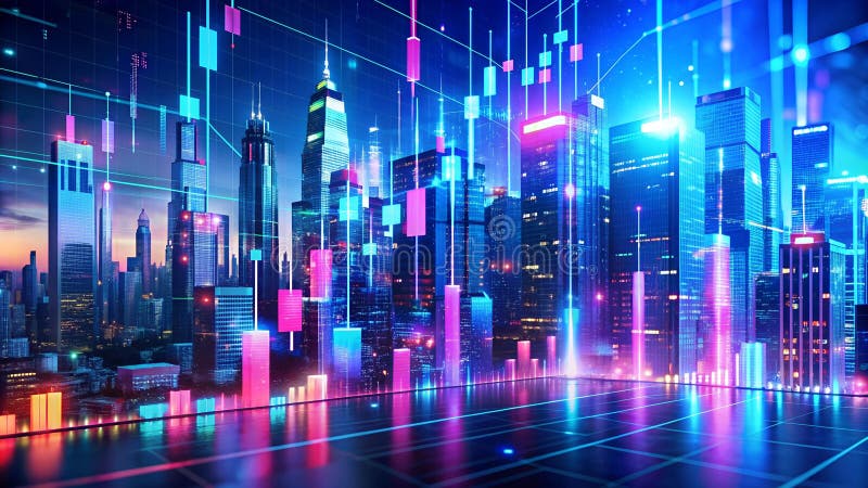 Cybernetiskt cityssli en symfoni av finansiella data generativ ai royaltyfri illustrationer
