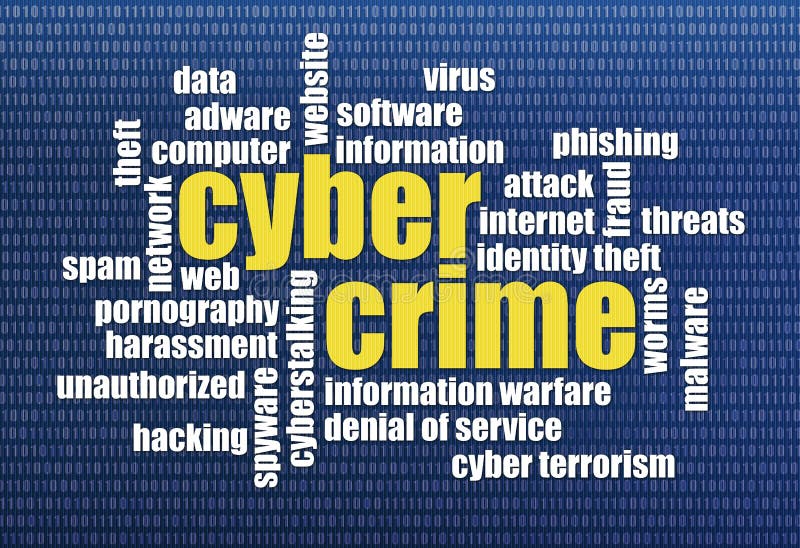 Internet concept - cybercrime word cloud on a binary computer screen background. Internet concept - cybercrime word cloud on a binary computer screen background