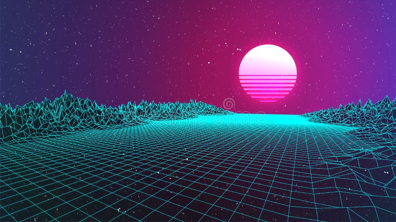 Cyberpunk background. Neon perspective grid landscape. Pink sunset. 80s vector sun. Old grain or scratches effect