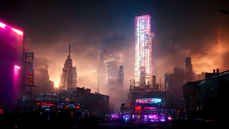 Cyberpunk Streets Illustration, Futuristic City, Dystoptic Artwork At  Night, 4k Wallpaper. Stock Photo, Picture and Royalty Free Image. Image  191177049.
