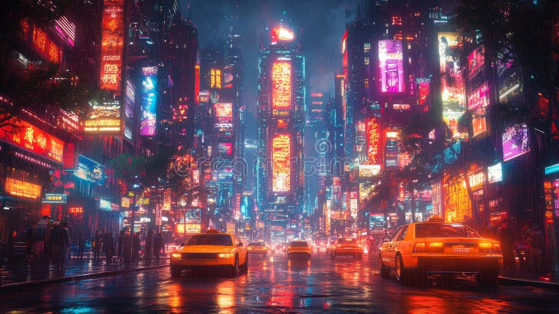 Cyberpunk City at Night with Neon Lights Generative AI Stock