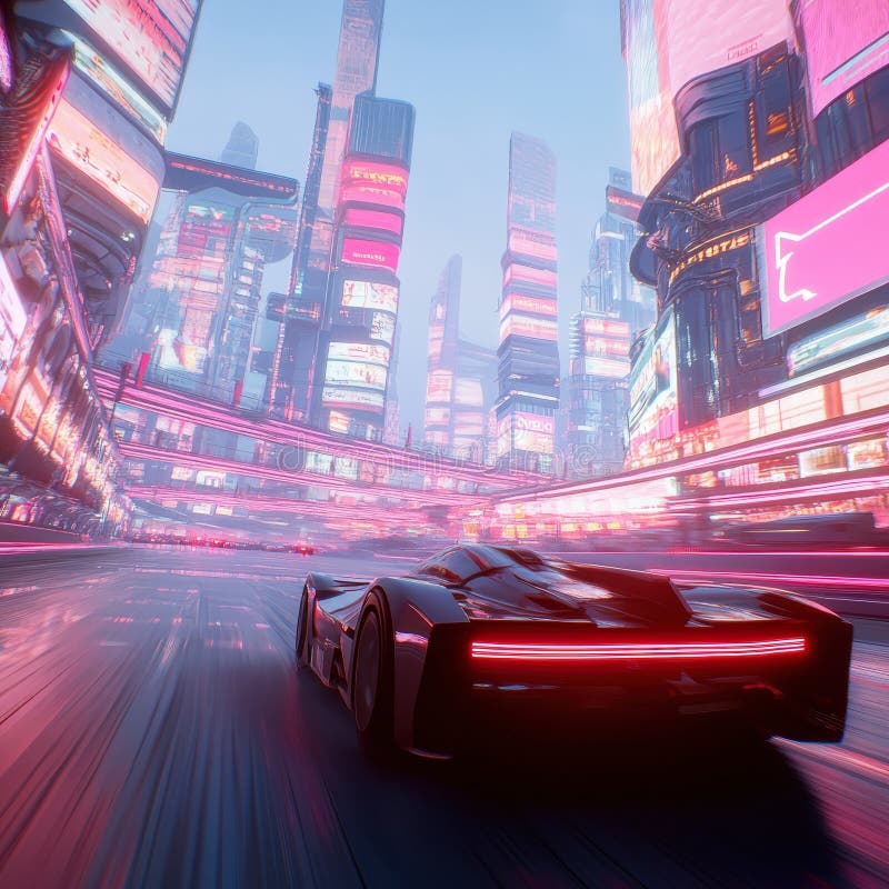 Cyberpunk City Race Car. Ένα κομψό μαύρο αθλητικό αυτοκίνητο τρέχει σε μια φουτουριστική πόλη τη νύχτα με φώτα νέον να θολώνουν σε κίνηση. Η πόλη είναι πυκνοκατοικημένη με ουρανοξύστες και ζωντανές διαφημίσεις.