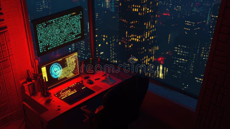 Cyberpunk Cityscape Coder\'s Desk vector illustration