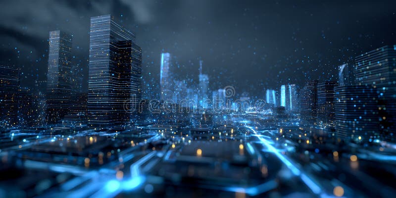 Cyberpunk Cityscape Futuristic Metropolis på natten stock illustrationer