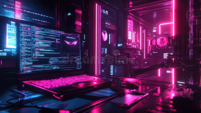 Cyberpunk Coding on Laptop in Futuristic Neon Room Stock Photo ...