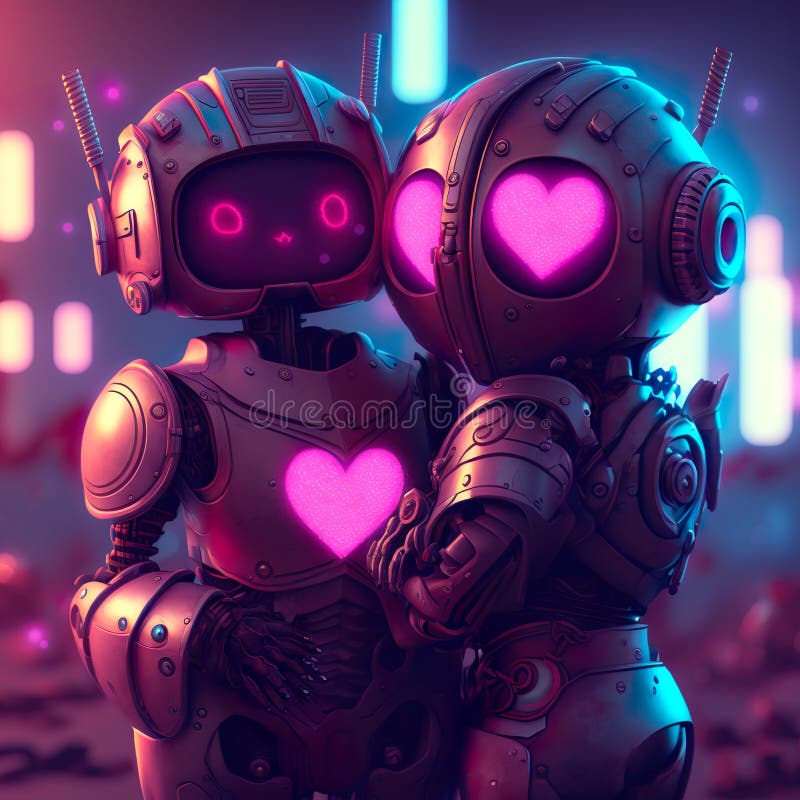 Cyberpunk cute couple robot on valentine, led glow, abstract futuristic background vector illustration