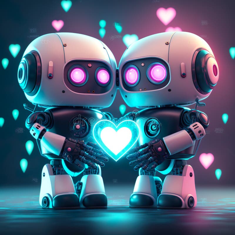 Cyberpunk cute couple robot on valentine, led glow, abstract futuristic background stock illustration