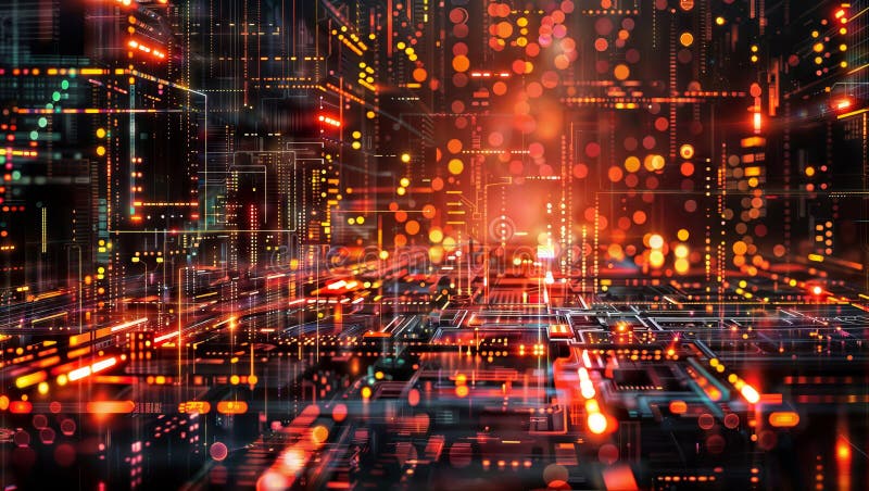 Cyberpunk Digital City: Glowing Circuits and Bokeh Lights on Modern Skyline, generative ai royalty free illustration