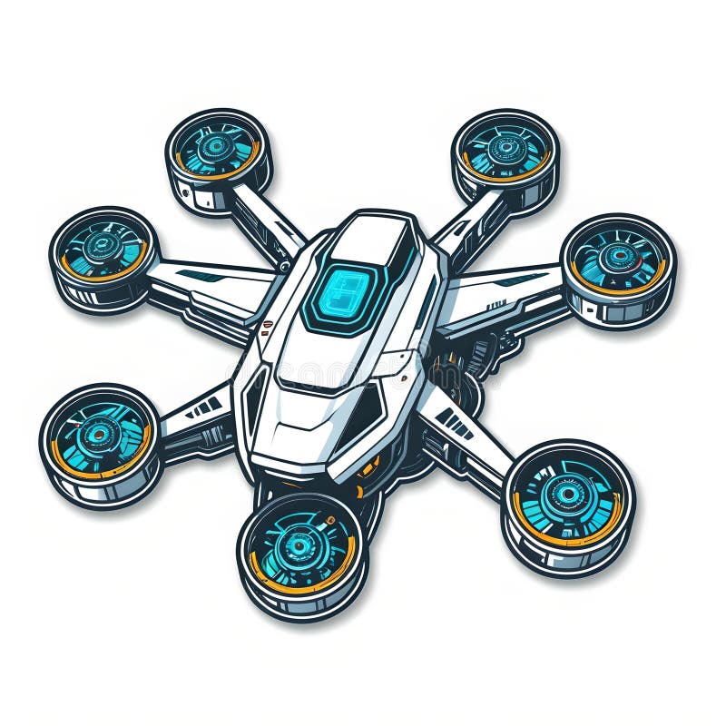 Cyberpunk Drone Sticker: Multi-Rotor Vector Art on White Background stock illustration