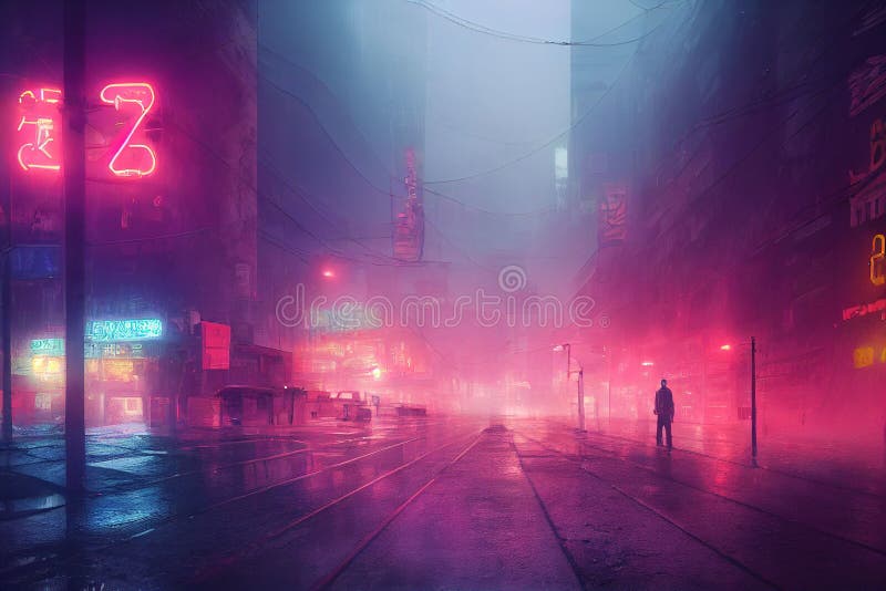 Cyberpunk streets, futuristic city, wallpaper, rain, foggy, dystopia, moody  empty future, art illustration Stock Illustration