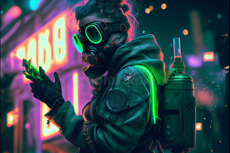 Cyberpunk Girl Wearing Futuristic Gas Mask with Protective Green Glasses  and Filters Standing in a Night Scene with Air Stock Illustration -  Illustration of design, cyber: 268873401