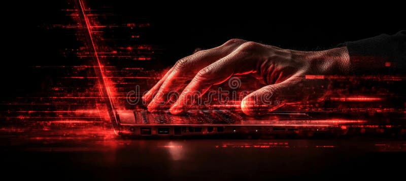 Cyberpunk Hacker in Action Futuristic Laptop Χρήση με φώτα νέον Φωτισμός δακτύλων και πληκτρολογίου απεικόνιση αποθεμάτων