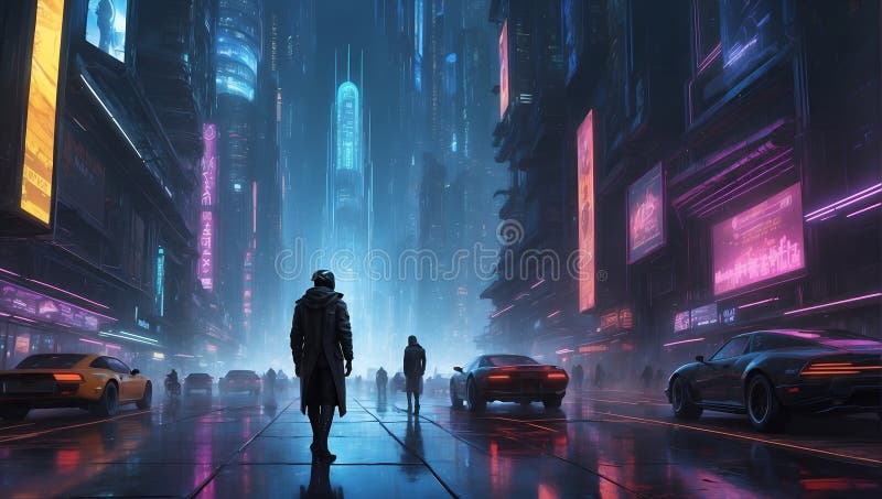 Synthwave Sonata in the Digital Dystopia. Generative AI stock illustration