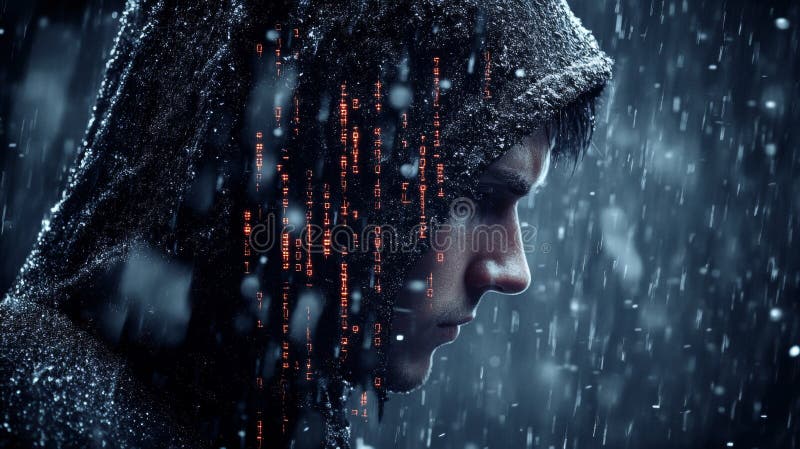Cyberpunk Hacker in Digital Rain Double Report Προσωποποίηση της ανάμιξης και δυαδικός κώδικας ελεύθερη απεικόνιση δικαιώματος