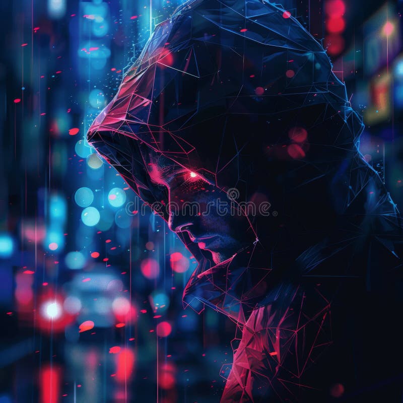 Cyberpunk hacker hoodie neon futuristic digital criminal technology anonymous system security code tech dark royalty free illustration