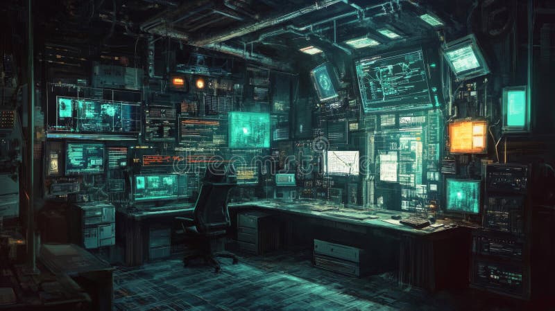 Cyberpunk Hacker Room γεμάτο με λαμπερές οθόνες και ροές δεδομένων απεικόνιση αποθεμάτων