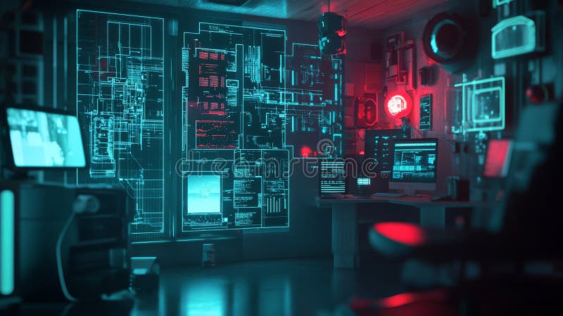 Cyberpunk Hacker Room με λαμπερά φώτα νέον και ψηφιακές διασυνδέσεις ελεύθερη απεικόνιση δικαιώματος