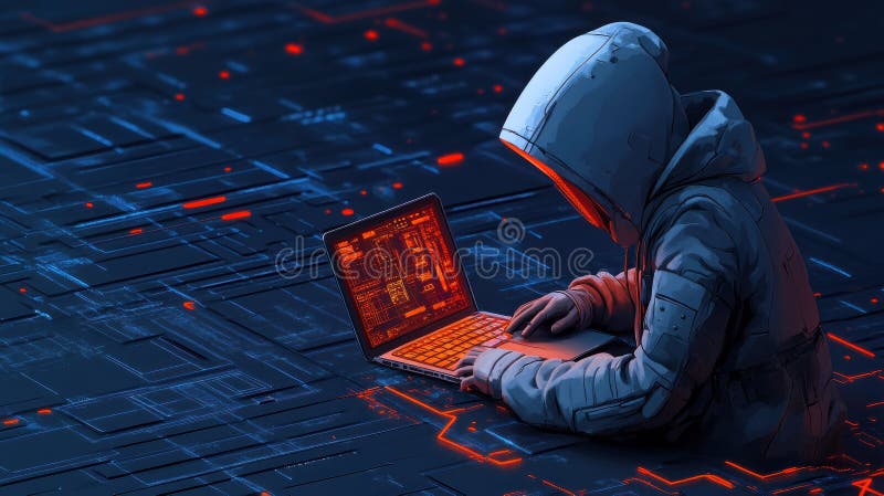 Cyberpunk Hacker που εργάζεται σε φορητό υπολογιστή ελεύθερη απεικόνιση δικαιώματος