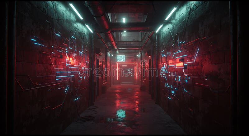 Cyberpunk Hallway con luci di neon e decorazioni futuristiche illustrazione vettoriale
