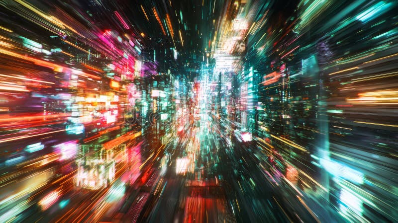 Cyberpunk-inspired fusion background featuring neon cityscapes blended with holographic glitch effects, vibrant colors stock images