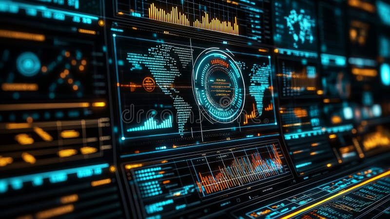 Cyberpunk Interface Blue and Orange Digital Displays with World Map and Data Visualizations stock illustration