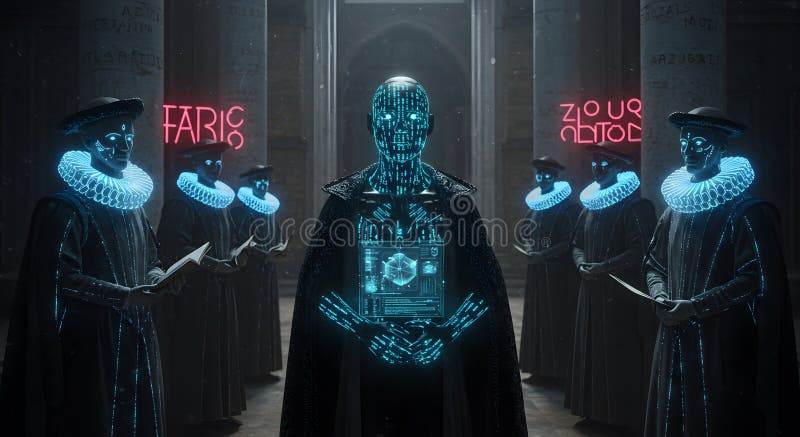 Cyberpunk Medieval Clergy Surrounding a Data-Holding Robot stock illustration