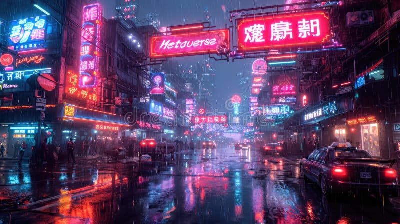 Cyberpunk Neon City at Night, Dark Street with Tall Buildings and Cars ...