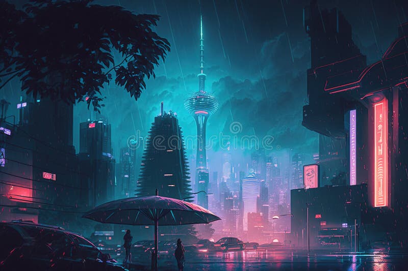 Cyberpunk neon city street at night. Futuristic city scene in a style of  pixel art. 80's wallpaper. Retro future 3D illustration. Urban scene. Stock  Illustration