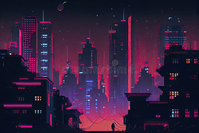 Cyberpunk Neon City Night. Futuristic City Scene in a Style of Pixel ...