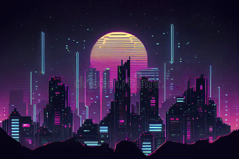 Cyberpunk neon city night. Futuristic city scene in a style of pixel art.  80's wallpaper. Retro future 3D illustration. Urban scene. Stock  Illustration