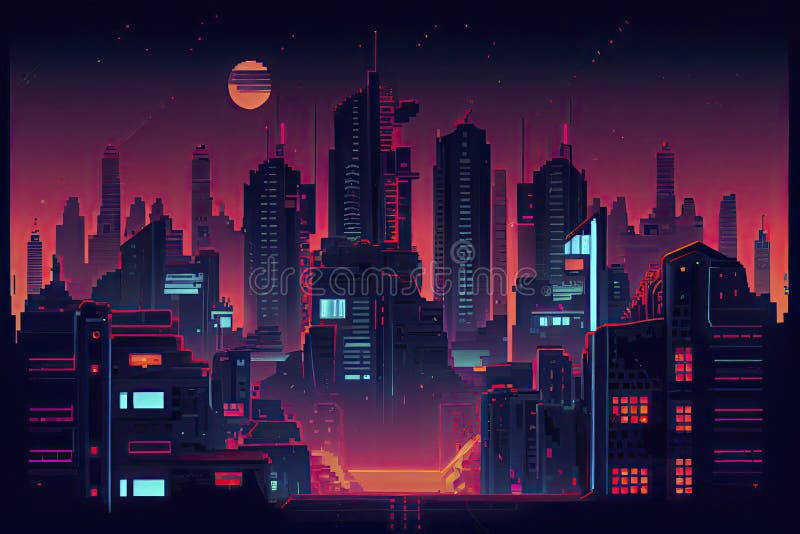 Cyberpunk Neon City Night. Futuristic City Scene in a Style of Pixel Art.  80 S Wallpaper. Retro Future Stock Illustration - Illustration of  skyscraper, architecture: 267715208