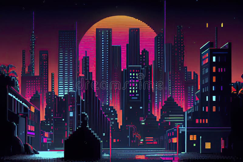 Cyberpunk Neon City Night. Futuristic City Scene in a Style of Pixel ...