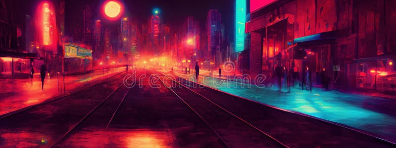 Cyberpunk neon city street at night. Futuristic city scene in a style of  pixel art. 80's wallpaper. Retro future 3D illustration. Urban scene. Stock  Illustration
