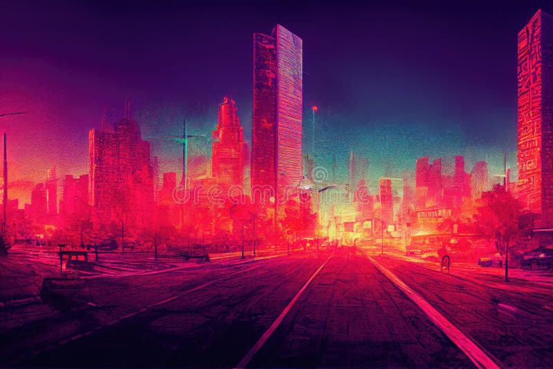 Cyberpunk city street. Sci-fi wallpaper. Futuristic city scene in a style  of pixel art. 80's wallpaper. Retro future 3D illustration. Urban scene.  Stock Illustration