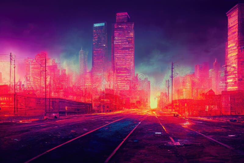 Cyberpunk City landscape with a sunset, Ai Generated Cyberpunk Wallpaper/ Background, Stock Illustration