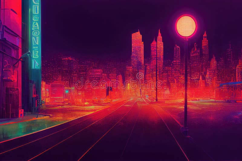 Cyberpunk neon city street at night. Futuristic city scene in a style of  pixel art. 80's wallpaper. Retro future 3D illustration. Urban scene. Stock  Illustration