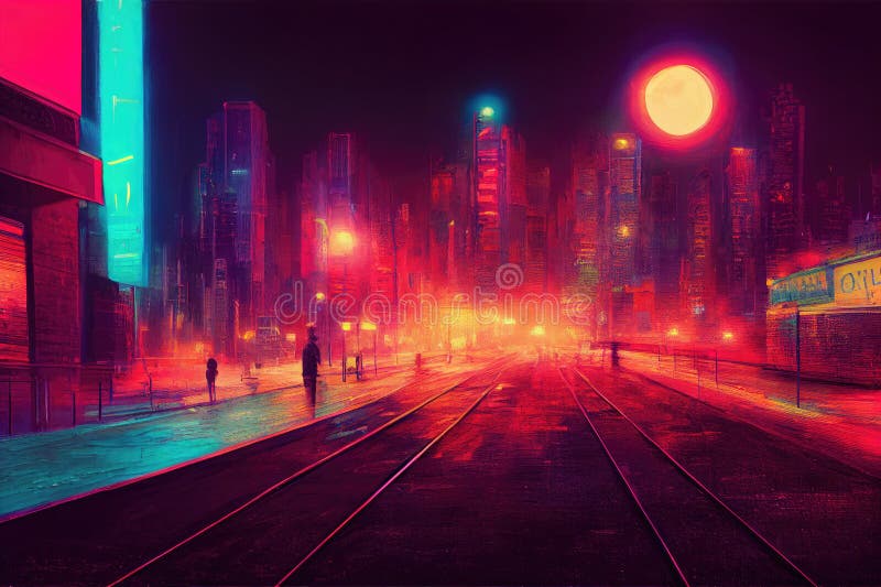 Cyberpunk city street. Sci-fi wallpaper. Futuristic city scene in