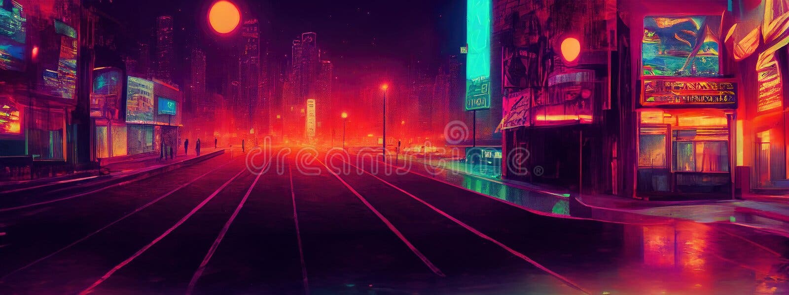 Cyberpunk city street. Sci-fi wallpaper. Futuristic city scene in a style  of pixel art. 80's wallpaper. Retro future 3D illustration. Urban scene.  Stock Illustration