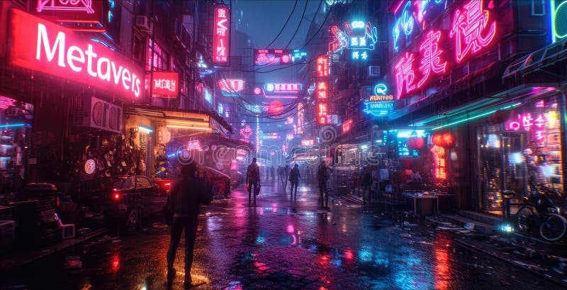 Cyberpunk Neon City at Night, Store Sign Metaverse in Dark Town in Rain ...