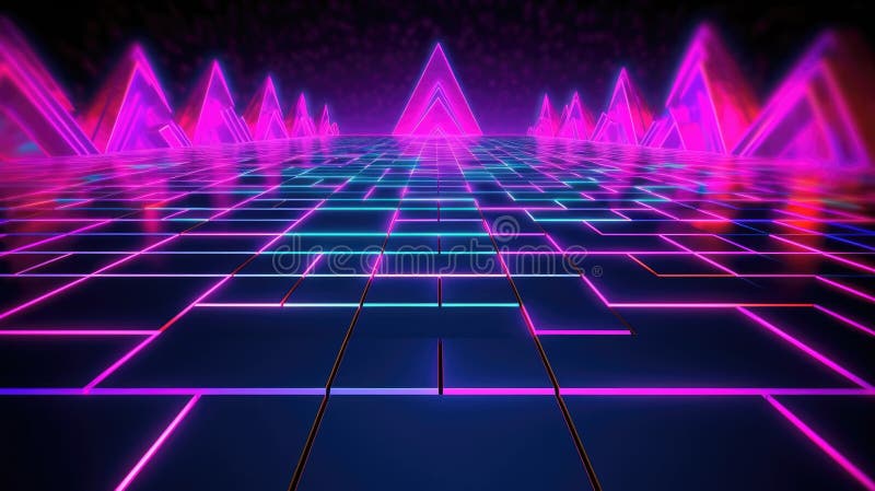 Cyberpunk neonljus i retrovåggeometrisk form. picturesk stock illustrationer