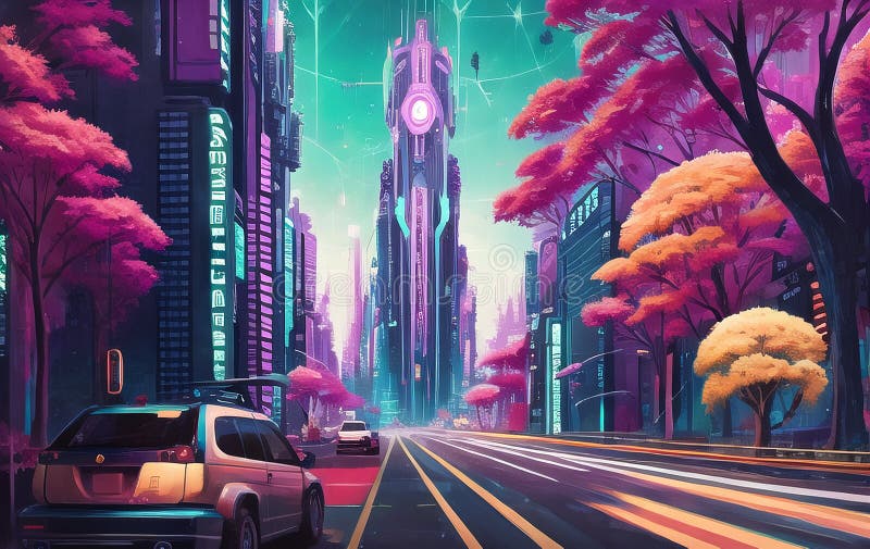 Nighttime Cyberpunk City Illustration. Neon Bright Lights Landscape ...