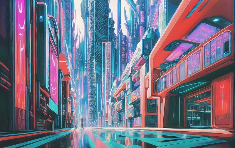 Sci-fi Fantasy City, Cyberpunk Buildings Illustration. Neon Colors ...