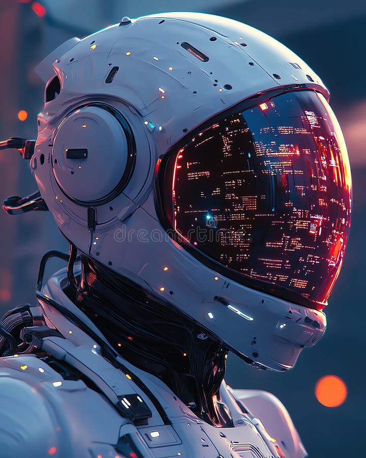 Cyberpunk Robot Helmet Design : Futuristischer Roboter erforscht digitales Universum stock abbildung