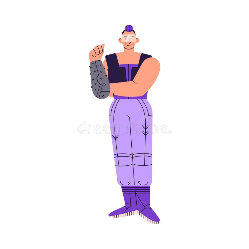 Cyberpunk robotic human, mechanical cyborg man, woman with virtual glasses. Cartoon vector isolated illustration royalty free illustration