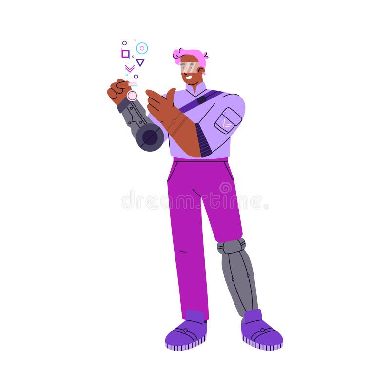 Vector cartoon isolated illustration of Cyberpunk robotic human uses artificial intelligence and future technologies royalty free illustration
