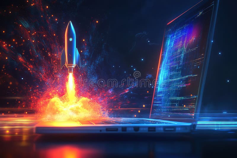 Cyberpunk Rocket Blast : Bärbar dator Lines&Exploderande Space Rocket Futuristic Tech Art cool power light energy bright vektor illustrationer
